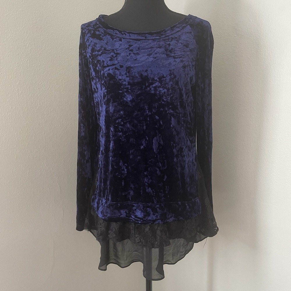 KAREN KANE Sz L Blue/Black Crushed Velvet Lace/Chiffon Trim Top Whimsigoth Fairy